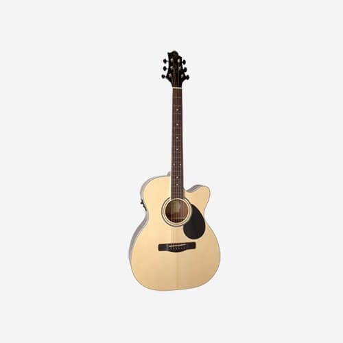 OM C/A body Solid spruce top Mahogany back and sides Mahogany neck Rosewood fingerboard (12” radius) Nut width 1 11/16” 20 fret, 25 ½”scale Dot inlay Multi-ply binding Die-cast tuners Rosewood bridge Fishman® Isys T preamp