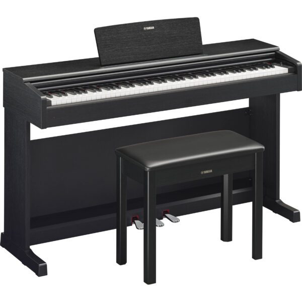 The black-walnut Arius YDP-144B Traditional Console Digital Piano with Bench from Yamaha is an 88-key digital piano featuring a Graded Hammer Standard keyboard designed to emulate the feel of an acoustic piano.