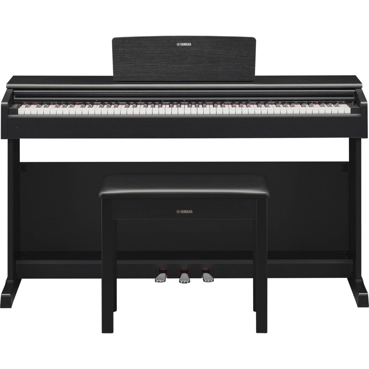The black-walnut Arius YDP-144B Traditional Console Digital Piano with Bench from Yamaha is an 88-key digital piano featuring a Graded Hammer Standard keyboard designed to emulate the feel of an acoustic piano.