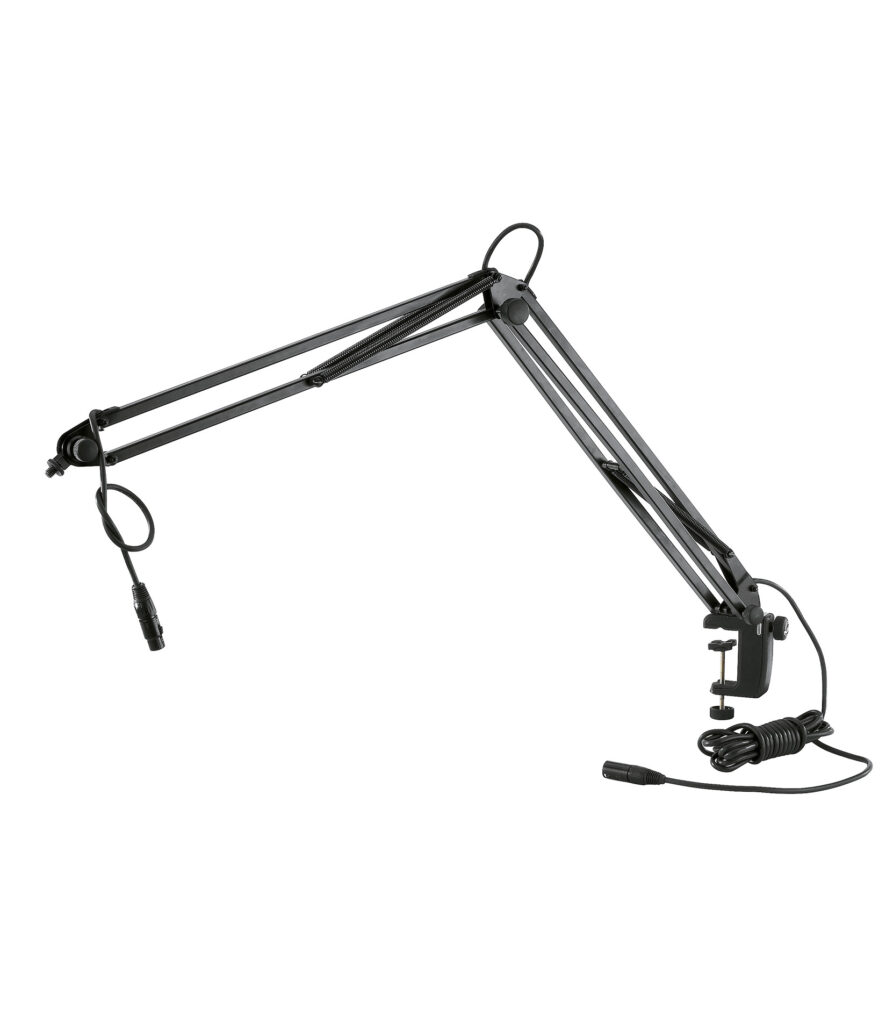 Our popular, smooth-running microphone desk arm with 3/8" or 5/8" thread connector for sound studios and multimedia work stations with a new innovative table clamp.