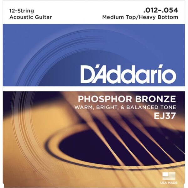 D'addario EJ37 Phosphor Bronze 12-String Acoustic Guitar Strings - Medium Top - Heavy Bottom - 12-54