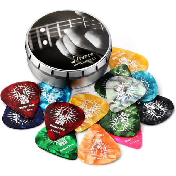 Donner Celluloid Guitar Picks 16 Pack with Tin Box includes Thin, Medium, Heavy & Extra Heavy Picks, for Acoustic Guitar Electric Guitar Ukulele